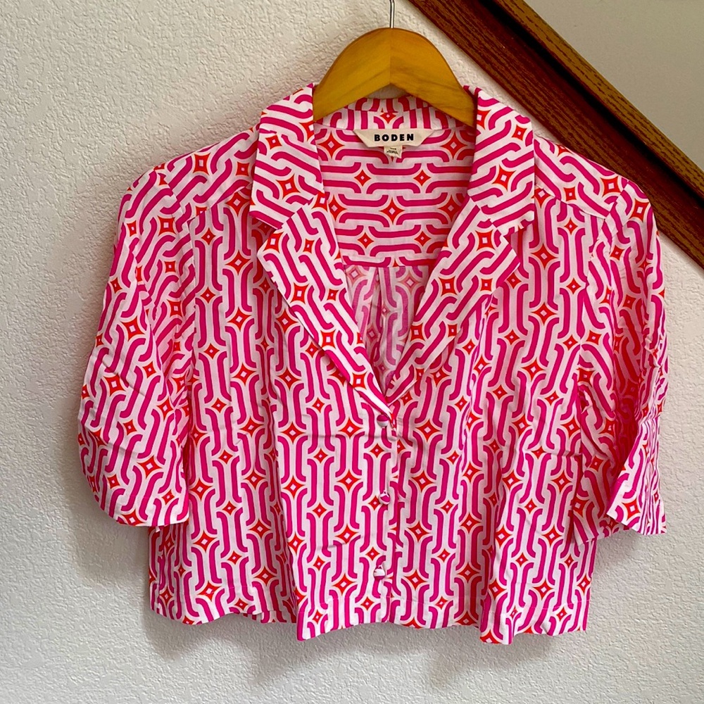 Boden EcoVero US 8 Cropped Revere Printed Shirt in Festival Pink